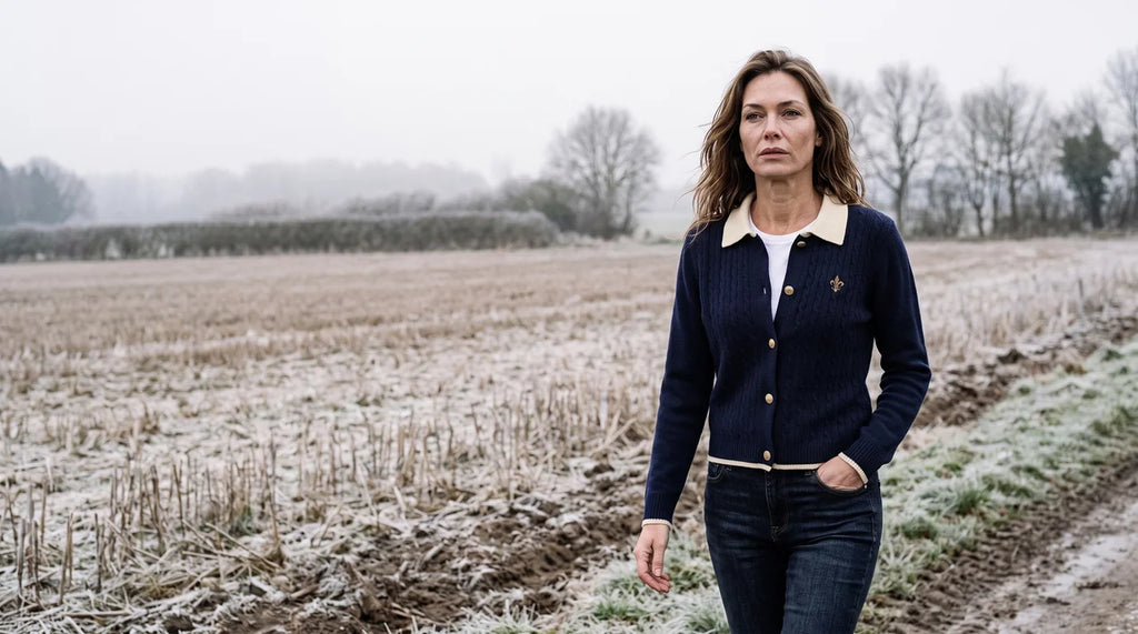 Pull Femme Versailles — cardigan col polo maille torsadée